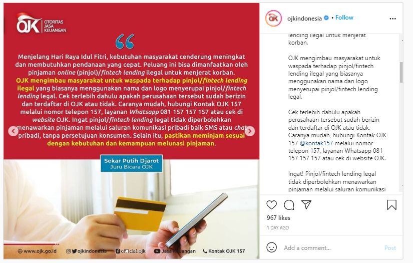 Tangkap Layar Unggahan Instagram @ojkindonesia.*