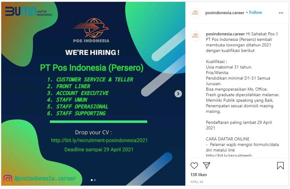 tangkapan layar akun Instagram palsu yang mengatasnamakan PT Pos Indonesia