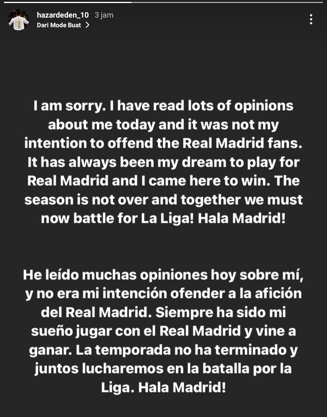 Unggahan permintaan maaf Eden Hazard kepada fans Real Madrid lewat instagram story-nya