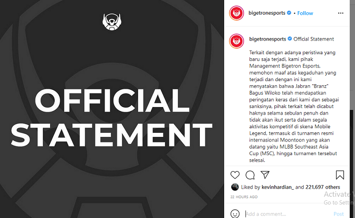 Hasil tangkap layar akun Instagram Bigetron Sport