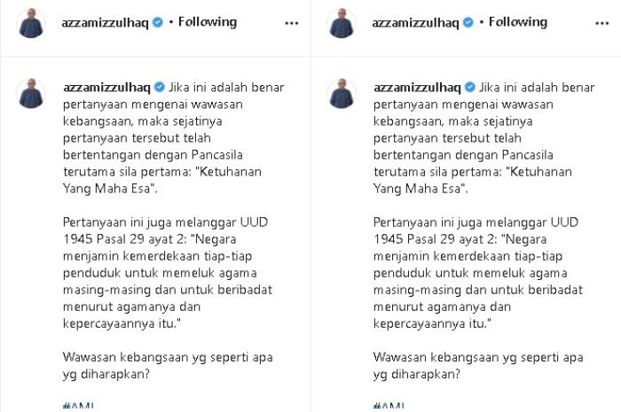 Tangkapan layar komentar Azzam Mujahid melalui akun Instagramnya.