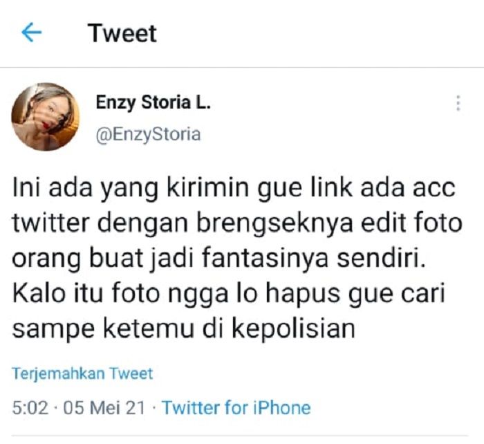 Hasil tangkap layar akun Twitter Enzy Storia
