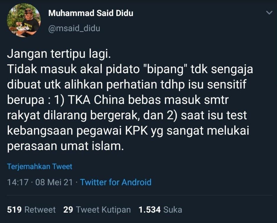 Cuitan Said Didu yang mengkritik pidato Jokowi soal Bipang.