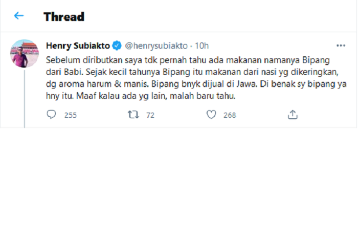 Hasil tangkap layar akun Twitter Henry Subiakto