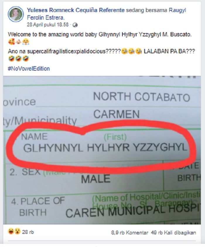 Bayi berjenis kelamin laki-laki asal Filipina dijuluki 'konsonan', usai sang kakek memberi nama Ghlynnyl Hylhyr Yzzyghyl Mampuan Buscato.* /Tangkapan layar Facebook Yuleses Romneck Cequiña Referente