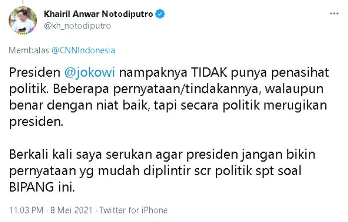 Khairil Anwar mengkritik jajaran internal istana sehingga Presiden Jokowi beberapa kali melakukan blunder.