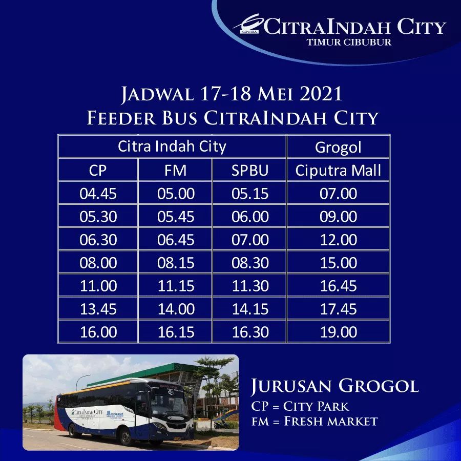 Jadwal Feerder Bus CitraIndah City, 17 - 18 Mei 2021