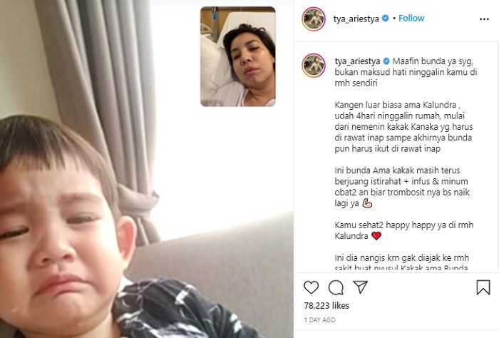 Anak bungsu Tya Ariestya, Kalundra menangis rindu, sebab ibu dan sang kaka, Kanaka, tengah dirawat di rumah sakit karena demam berdarah.*