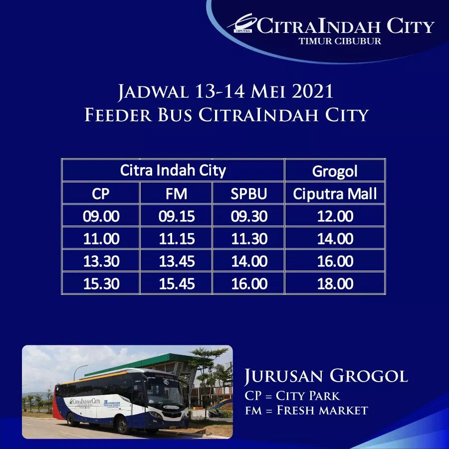 Jadwal Feerder Bus CitraIndah City, 13 - 14 Mei 2021