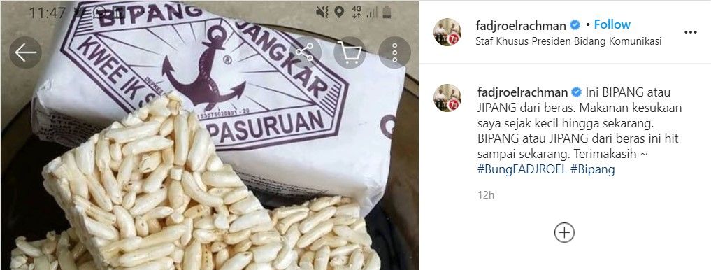 Tangkap layar Instagram @fadjroelrachman makanan bipang/jipang