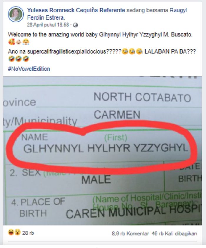 Bayi berjenis kelamin laki-laki asal Filipina dijuluki 'konsonan', usai sang kakek memberi nama  Ghlynnyl Hylhyr Yzzyghyl Mampuan Buscato.*