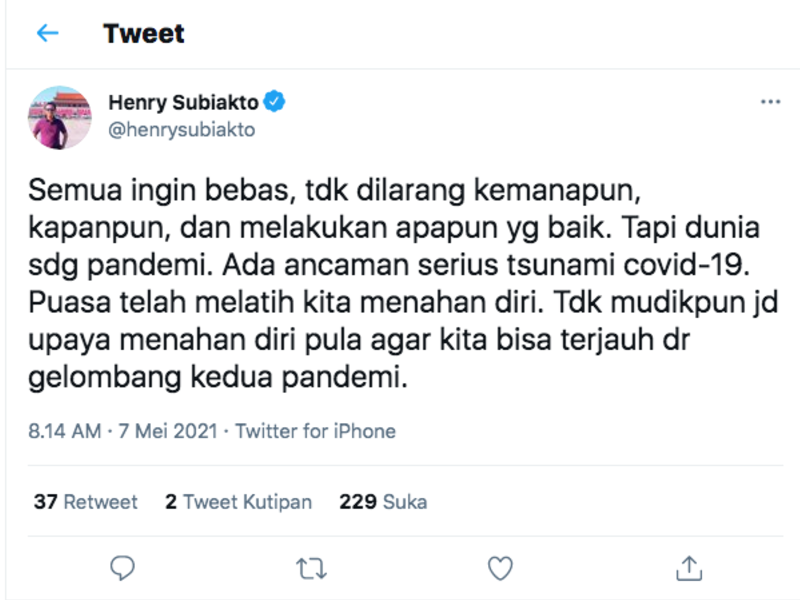 Cuitan Henry Subiakto tentang ancaman tsunami covid-19 jika masyarakat bandel mudik. 