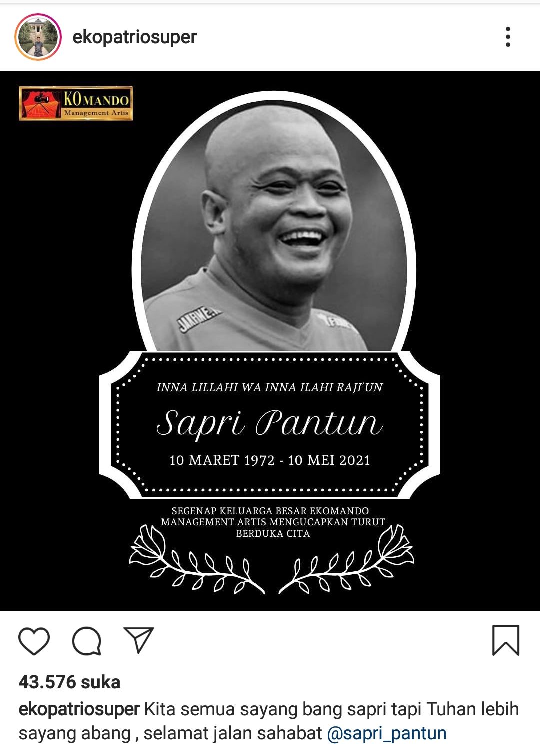 Tangkapan layar unggahan Instagram Eko Patrio atas wafatnya Sapri Pantun./
