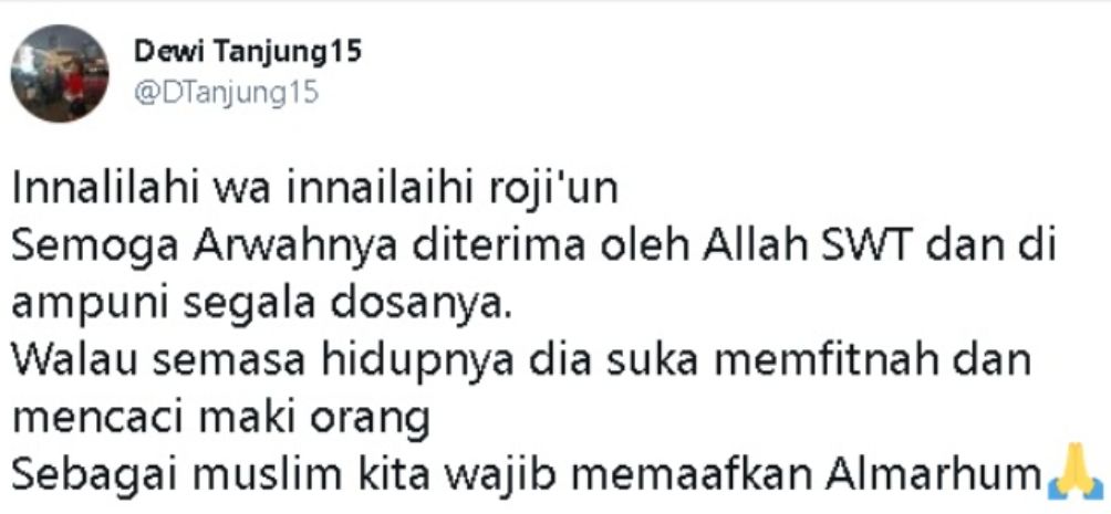 Ucapan duka dari Dewi Tanjung kepada mendiang Ustaz Tengku Zulkarnain.
