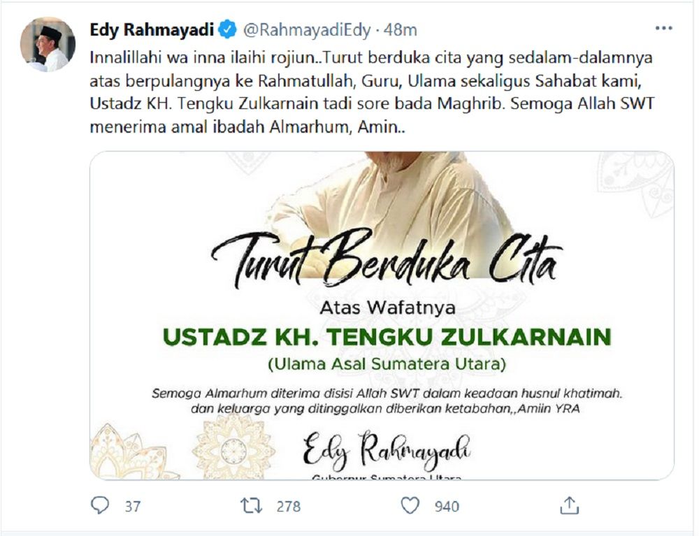 Gubernur Edy Rahmayadi Ucapkan Duka Cita, Ustad Tengku Zulkarnain Meninggal Dunia