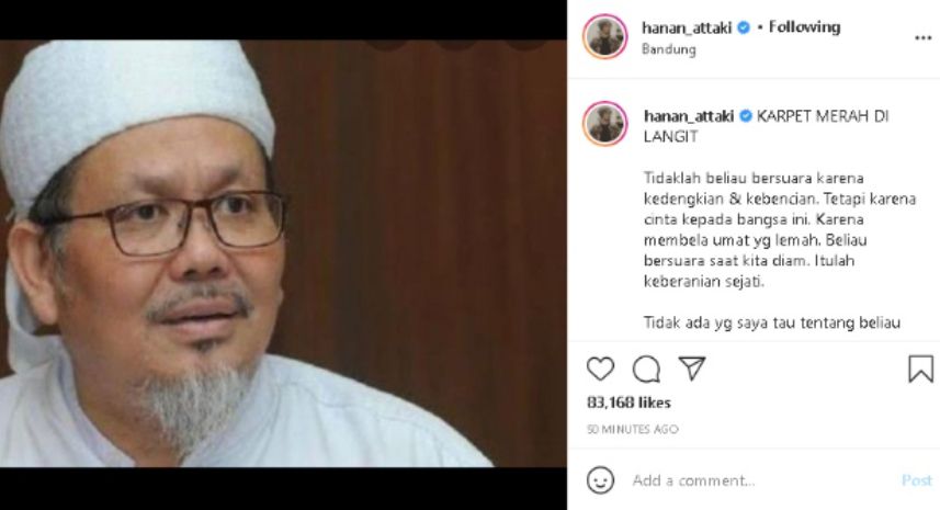 Ustaz Hanan Attaki dalam unggahannya (yang kini sempat dihapus) mengaku cemburu dengan kepergian Ustaz Tengku Zulkarnain.