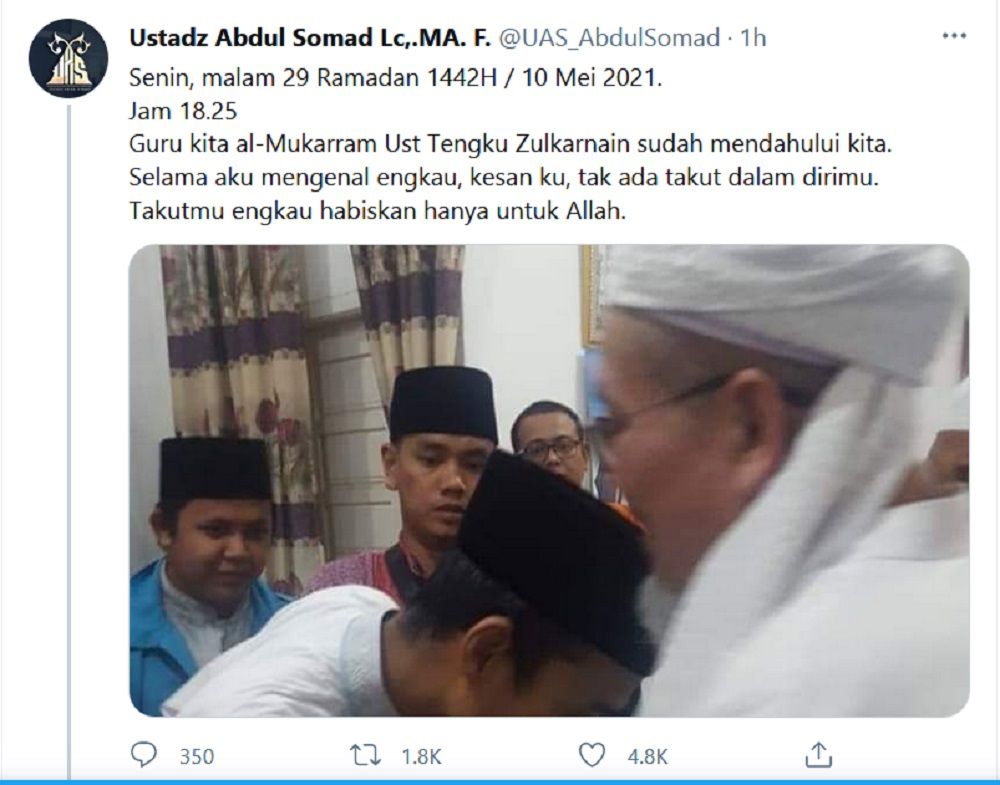 Kenang Almarhum Ustadz Tengku Zulkarnain, Ustadz Abdul Somad: Tak Ada Takut dalam Dirimu Kecuali Allah SWT