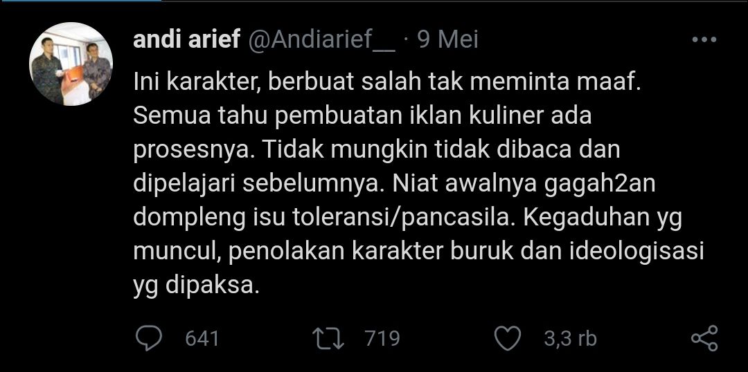 Tangkapan layar cuitan Andi Arief yang kritik Jokowi soal bipang Ambawang./
