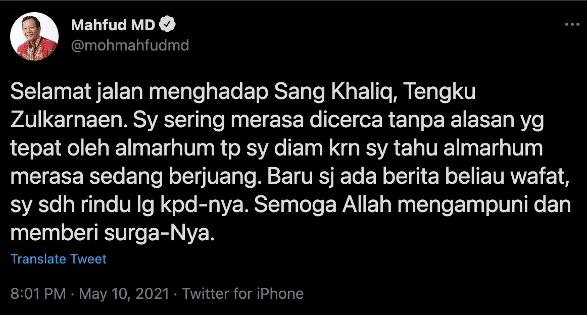 Unggahan duka cita terhadap Tengku Zulkarnaindari Mahfud MD/Twitter   