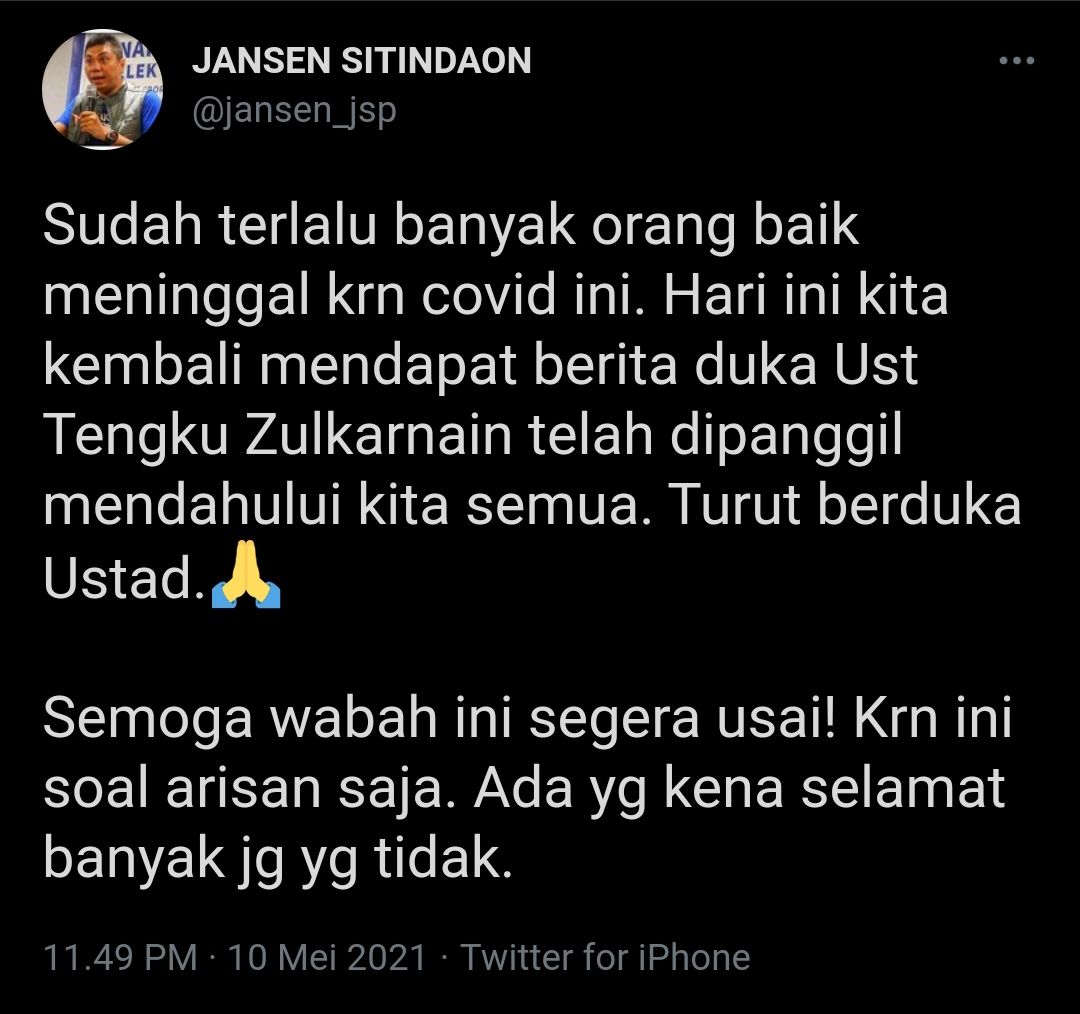 Tangkapan layar cuitan Jansen Sitindaon yang turut berduka atas wafatnya Tengku Zulkarnain./