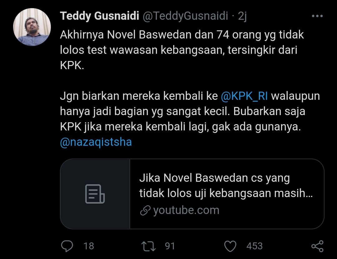 Tangkapan layar cuitan Teddy Gusnaidi soal SK penonaktifan 75 pegawai KPK./