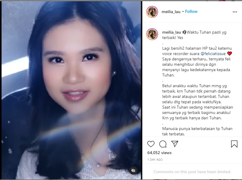 Meilia Lau ibu dari Fellicia Tissue yang juga mantan dari kaesang menuliskan curahan hatinya pada akun instagramnya