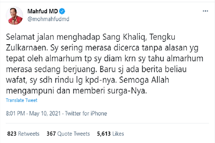 Mahfud MD sampaikan ucapan duka untuk mendiang Ustaz Tengku Zulkarnain dan menjadi sorotan warganet.