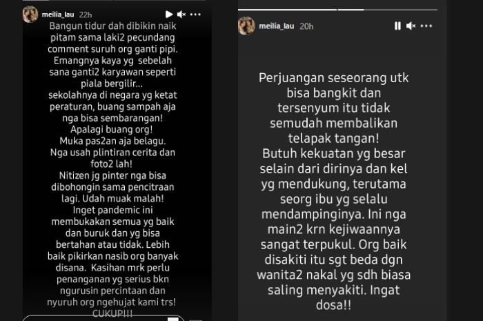 Meilia Lau ibu dari Fellicia Tissue yang juga mantan dari kaesang menuliskan curahan hatinya pada akun instagramnya
