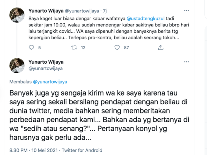 Yunarto Wijaya mengaku kaget mendengar kabar Ustaz Tengku Zulkarnain wafat.