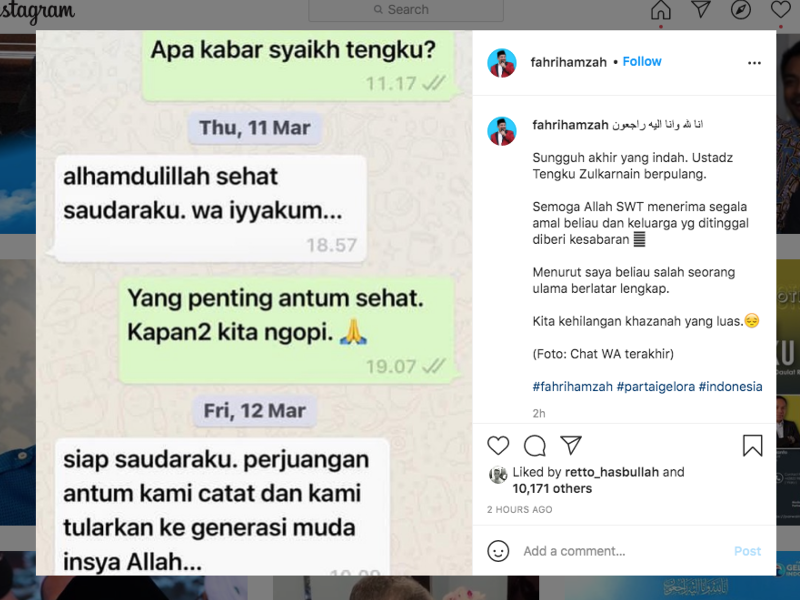Tangkapan layar unggahan Fahri Hamzah yang menyatakan bela sungkawa atas meninggalnya Ustaz Tengku Zulkarnain.
