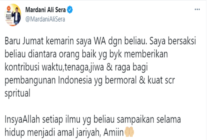 Cuitan Mardani Ali Sera terkait meninggalnya Ustaz Tengku Zulkarnain.*