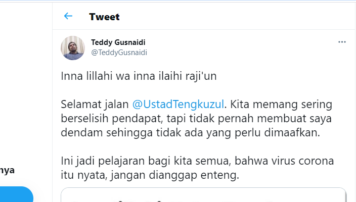 Unggahan Twitter Teddy Gusnaidi.