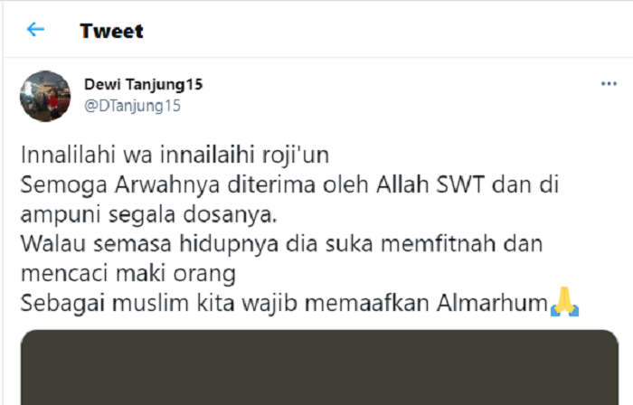Unggahan Twitter Dewi Tanjung.