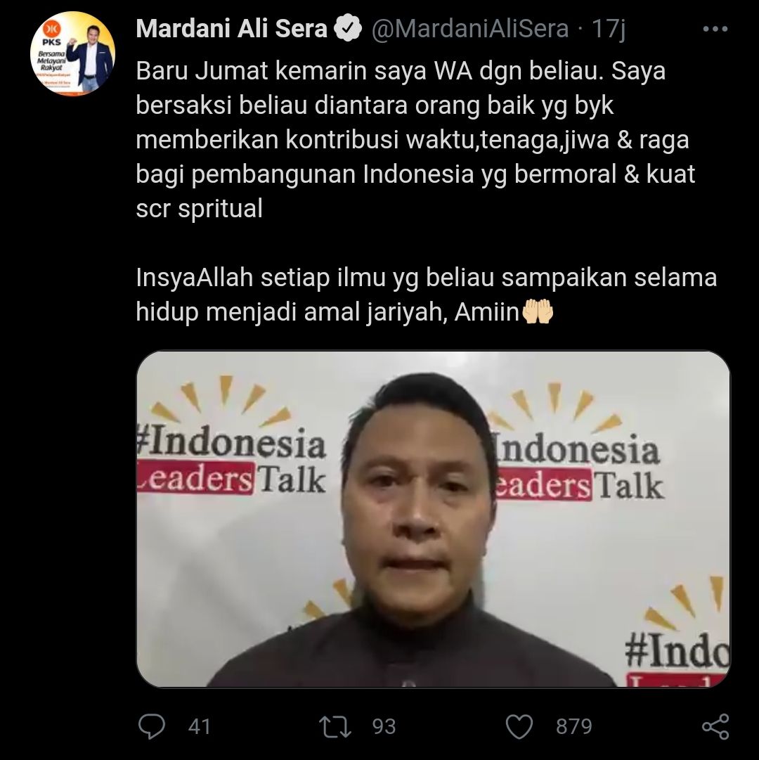 Tangkapan layar cuitan Mardani Ali Sera atas wafatnya Tengku Zulkarnain./