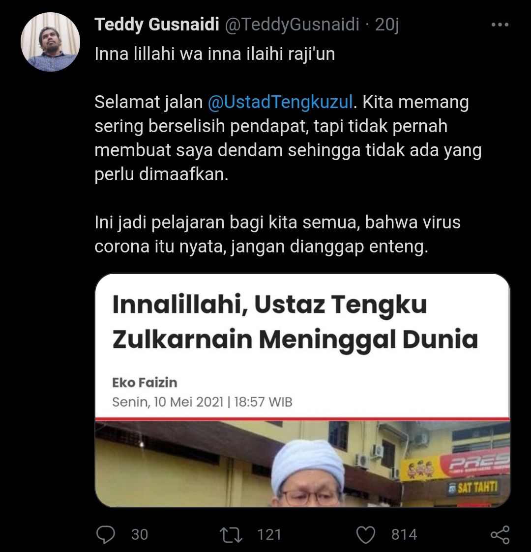 Tangkapan layar cuitan Teddy Gusnaidi atas wafatnya Tengku Zulkarnain./