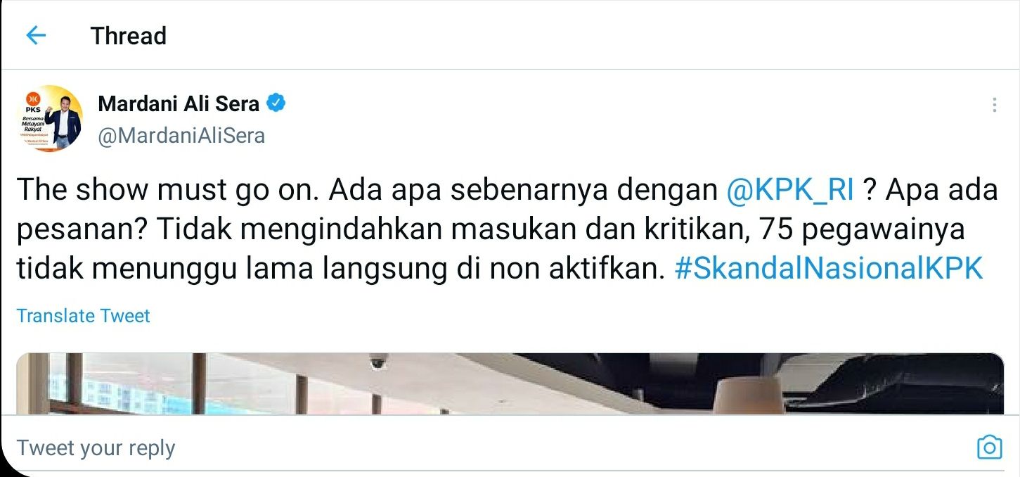 Tanggapan Mardani Ali Sera perihal penonaktifan 75 pegawai KPK.*