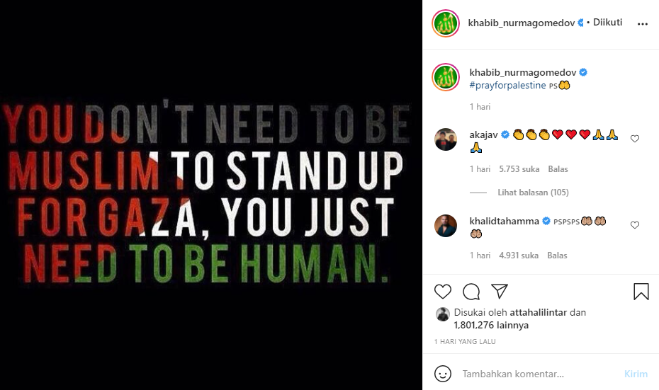 Unggahan  Khabib Nurmagomedov terkait pembelaan ke masyarakat Palestina