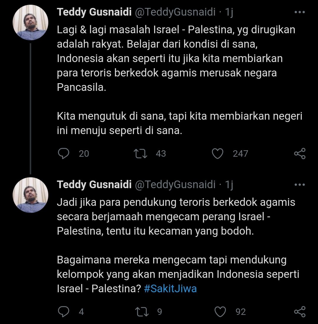 Tangkapan layar cuitan Teddy Gusnaidi yang menyoroti perang Israel-Palestina./