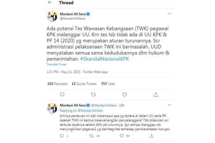 Cuitan Mardani Ali Sera terkait dengan TKW KPK yang menurutnya melanggar Undang-undang.