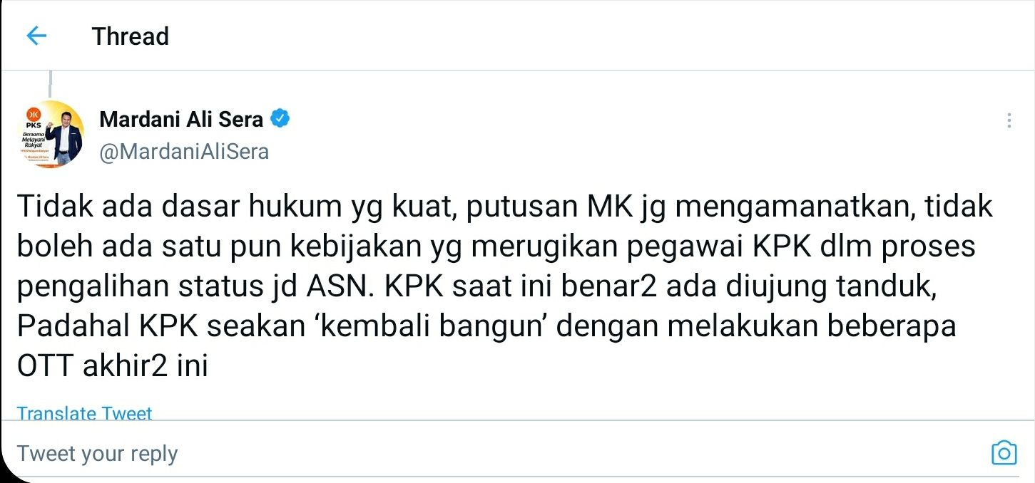 Cuitan Mardani Ali Sera perihal penonaktifan 75 pegawai KPK.*