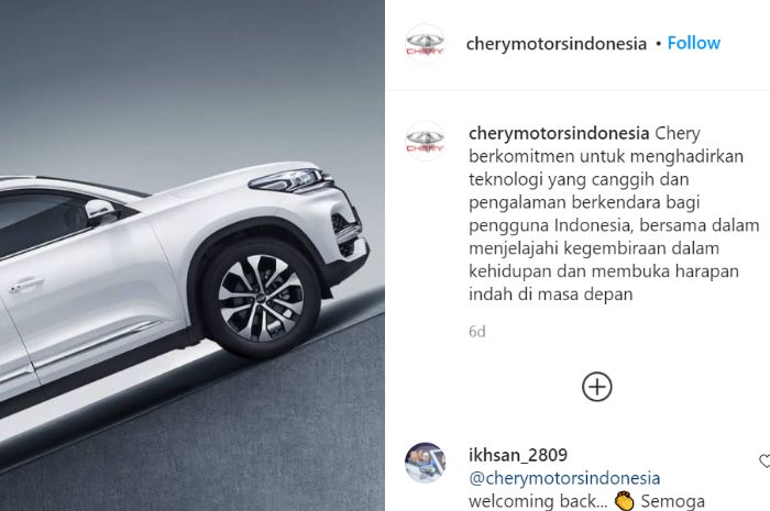 Unggahan akun Instagram Chery Indonesia yang menunjukkan mobil SUV Chery Tiggo 8