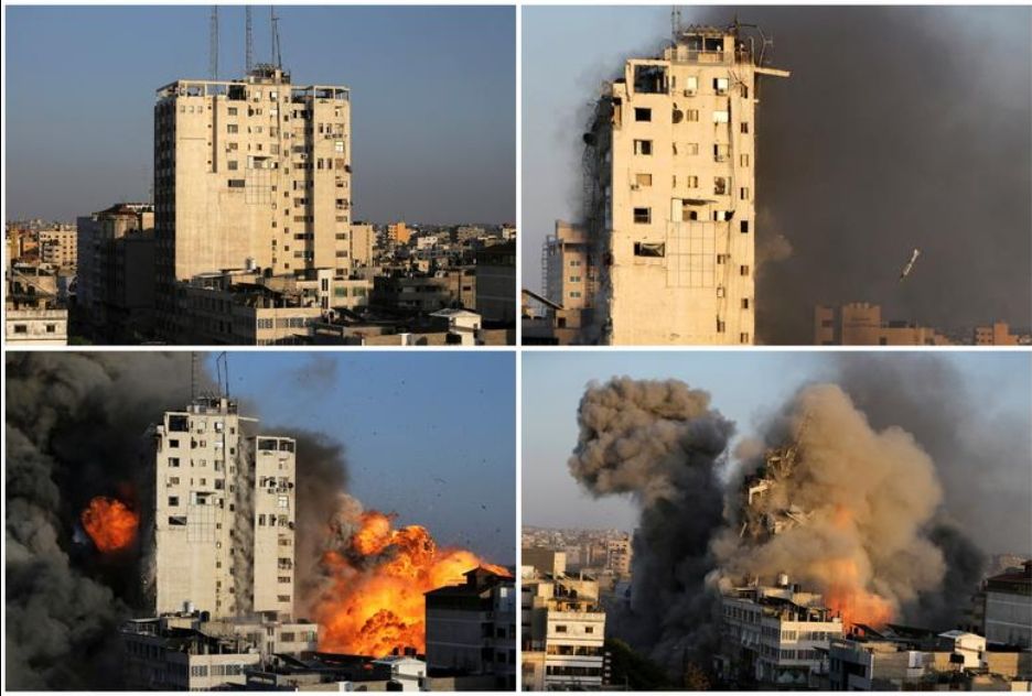 Potret kompilasi sebuah bangunan dari sebelum sampai setelah dihancurkan oleh serangan udara Israel di tengah kekerasan Israel terhadap Palestina/Reuters/Ibraheem Abu Mustafa