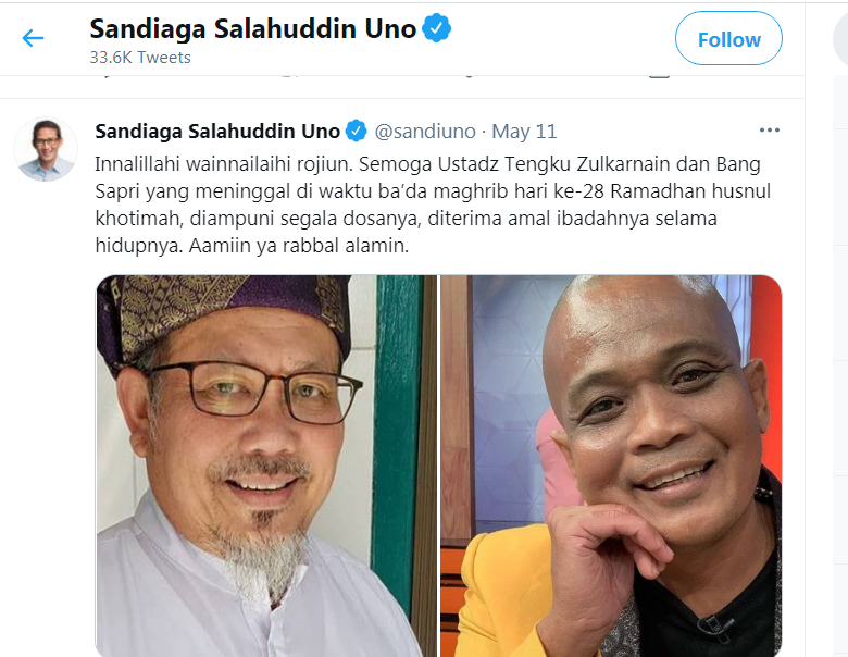 Selamat Jalan Selamanya Menteri Sandiaga Uno Sampaikan Kabar Duka Wafatnya Tengku Zulkarnain dan Sapri Pantun