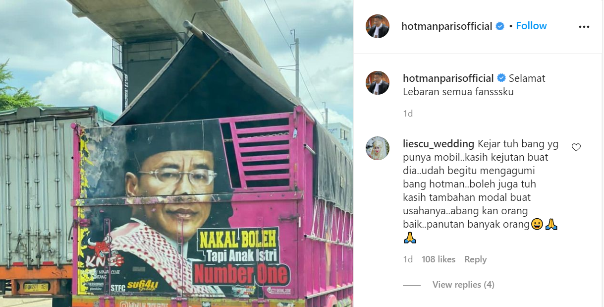 Unggah foto wajah nempel di belakang truk, Hotman Paris tampil dengan memakai sorban, sehingga ia pun menuliskan ucapan selamat Idul Fitri.
