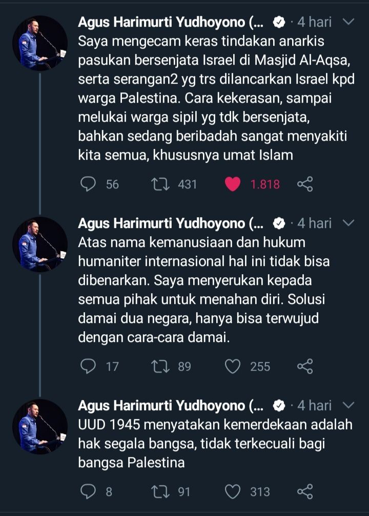 Tangkapan layar tweet Agus Harimurti Yudhoyono kecam tindakan Israel serang Masjid Al-Aqsa
