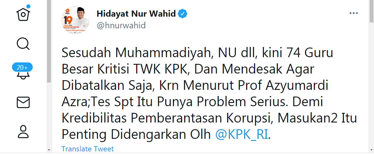 Demi Menjaga Kredibilitas,  Hidayat Nur Wahid Minta KPK Dengarkan Masukan Penting dari 74 Guru Besar 