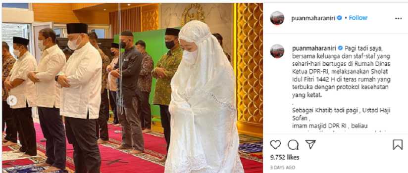 Warganet dibuat terheran-heran usai Ketua DPR RI, Puan Maharani mengunggah foto dirinya saat menjalani salat Idul Fitri 1442 Hijriah.*