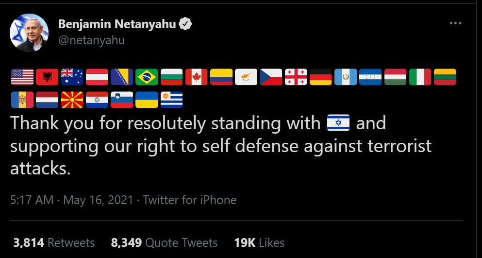 Unggahan Benjamin Netanyahu yang menyebutkan bahwa Palestina adalah teroris yang harus Israel serang demi mempertahankan diri 