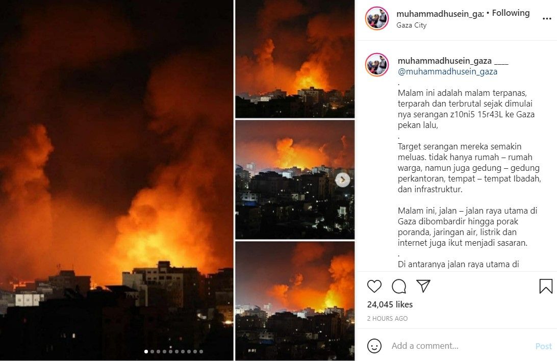 Aktivis Indonesia di Gaza, Palestina, Muhammad Husein menyampaikan Israel kembali serang Gaza yang sebabkan jalan utama menuju Rumak Sakit Indonesia di Gaza rusak.