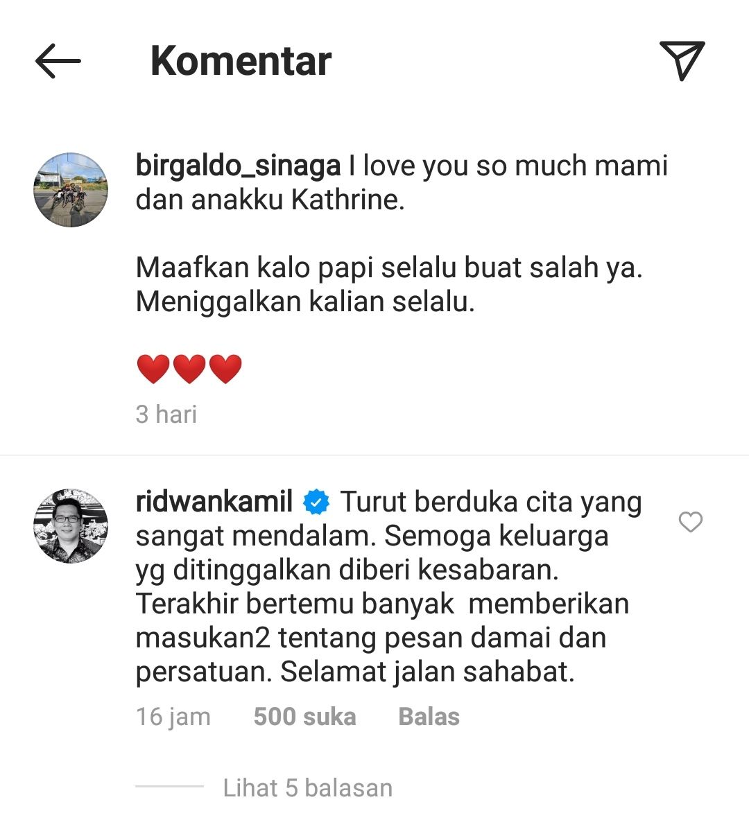 Tangkapan layar komentar Ridwan Kamil di unggahan terakhir Birgaldo Sinaga. 